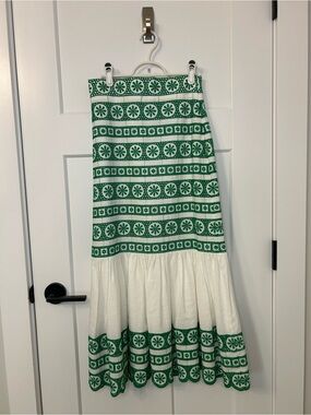 Zara Green White Embroidered Eyelet Linen Maxi Skirt Floral Size S